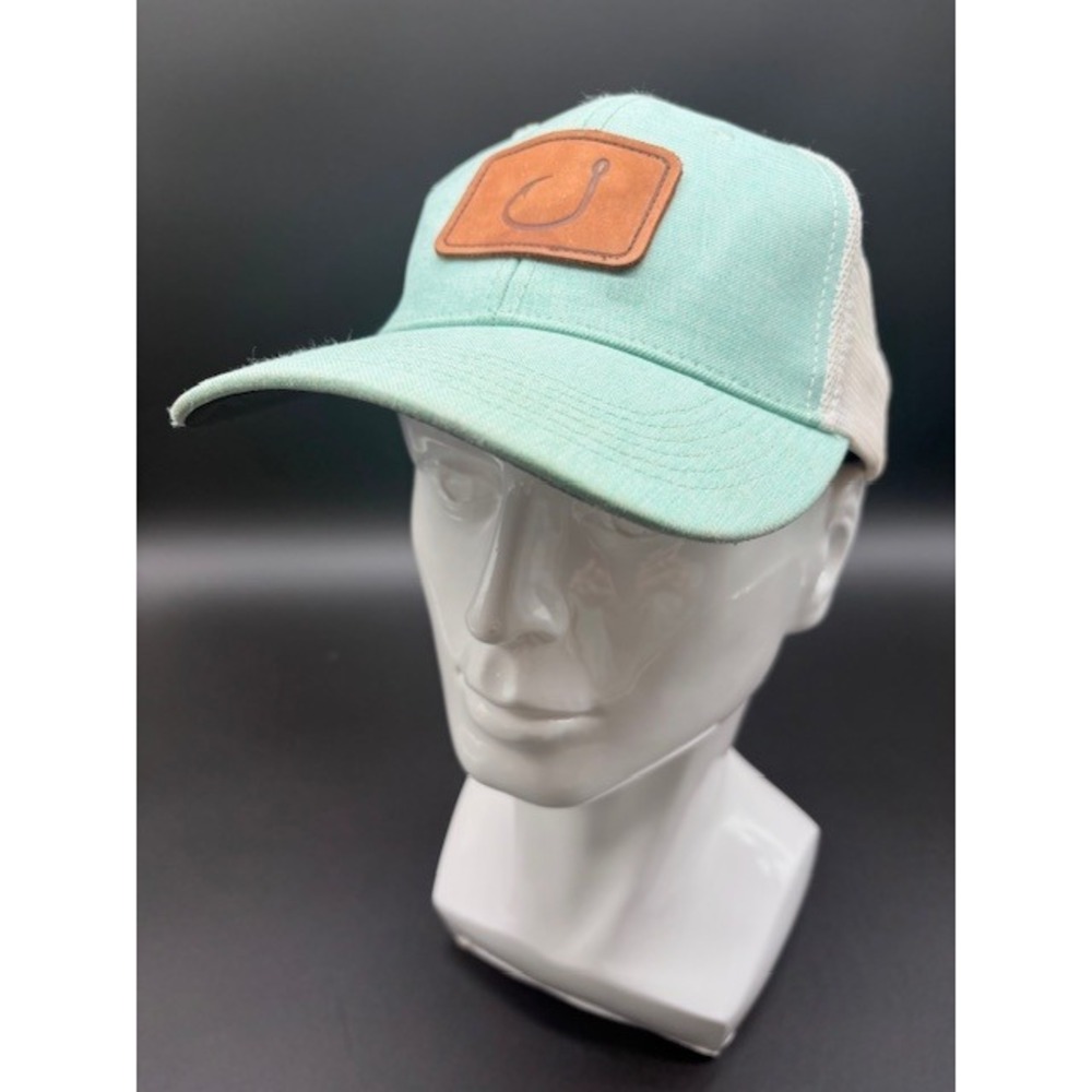 Trucker Hat Fishing Hook Patch Cap Aqua Blue White Mesh Back Adjustable